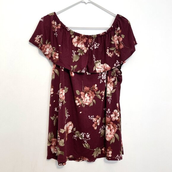 LAVISH Plus Size Burgundy Maroon Red Floral Off the Shoulder Boho Blouse JUNIORS - Picture 9 of 11